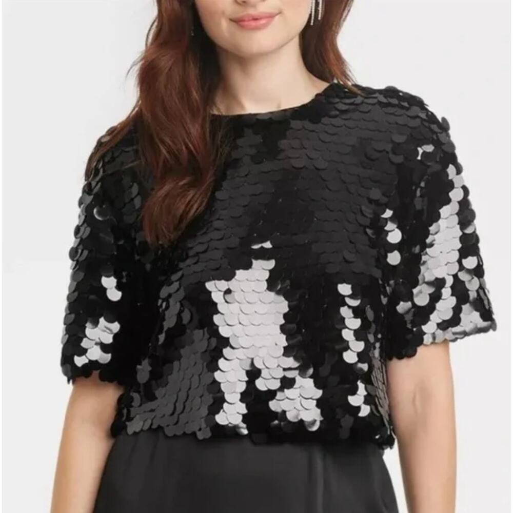 A New Day Women's Black Sequin Paillettes Short Sleeve Blouse Top, Size S, EUC